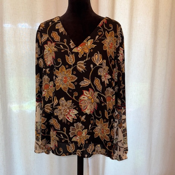 Belle by Kim Gravel Boho Floral Blouse Size Large Sheer Black Fall Top - Picture 1 of 6